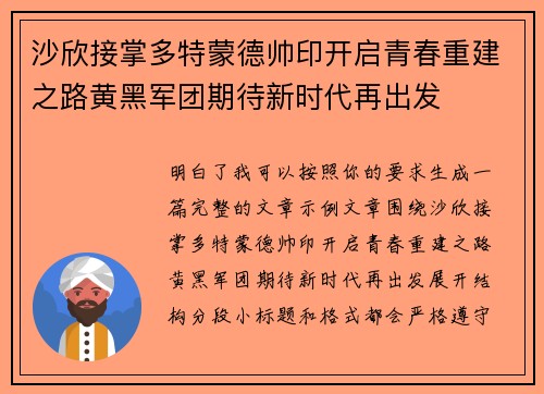 沙欣接掌多特蒙德帅印开启青春重建之路黄黑军团期待新时代再出发 沙欣接掌多特蒙德帅印开启青春重建之路黄黑军团期待新时代再出发