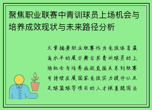 聚焦职业联赛中青训球员上场机会与培养成效现状与未来路径分析 聚焦职业联赛中青训球员上场机会与培养成效现状与未来路径分析